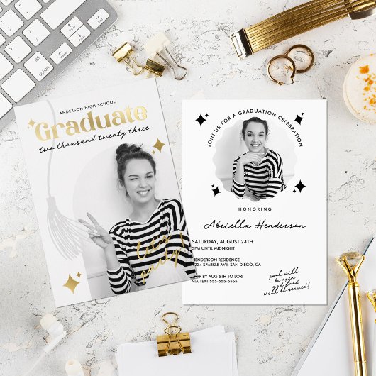 Retro Zwart en Wit Glitter Afstuderen Folie Uitnodiging