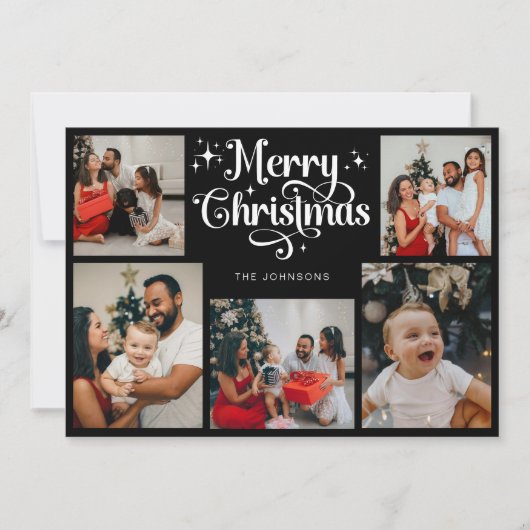 Retro Zwart en Wit Vrolijk Kerstfeest Familiefoto Feestdagenkaart (Voorkant)