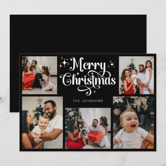 Retro Zwart en Wit Vrolijk Kerstfeest Familiefoto Feestdagenkaart (Voorkant / Achterkant)