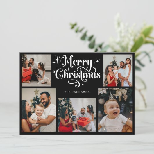 Retro Zwart en Wit Vrolijk Kerstfeest Familiefoto Feestdagenkaart (Staand voorkant)