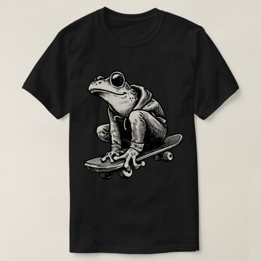 Retro Zwart en Witte Kikker Skateboarder T-shirt (Design voorkant)