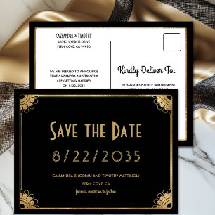 Retro Zwart Goud Art Deco Wedding Save the Date Briefkaart