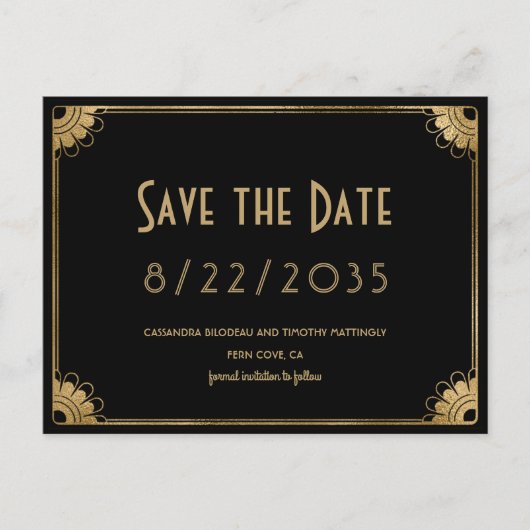 Retro Zwart Goud Art Deco Wedding Save the Date Briefkaart (Voorkant)