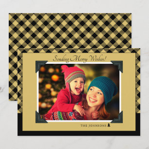 Retro zwart & goud buffel geruit kerstfoto feestdagenkaart