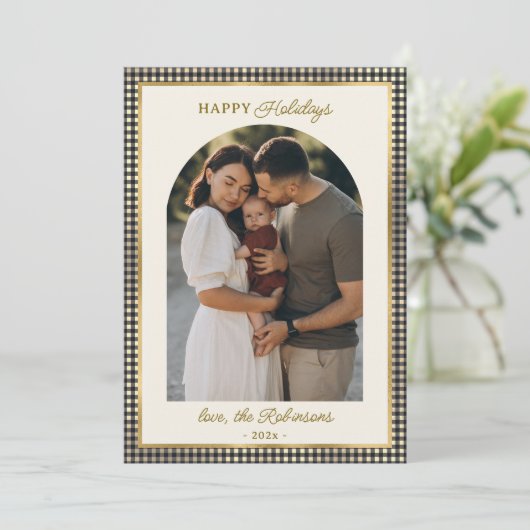 Retro Zwart Goud Geplaagd Boog Foto Kerst Gelukkig Feestdagenkaart (Staand voorkant)