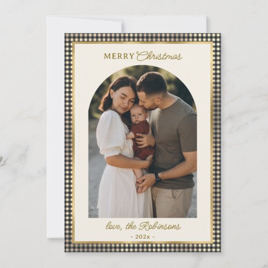 Retro Zwart Goud Geplaagd Boog Foto Vrolijk Kerstf Feestdagenkaart (Voorkant)