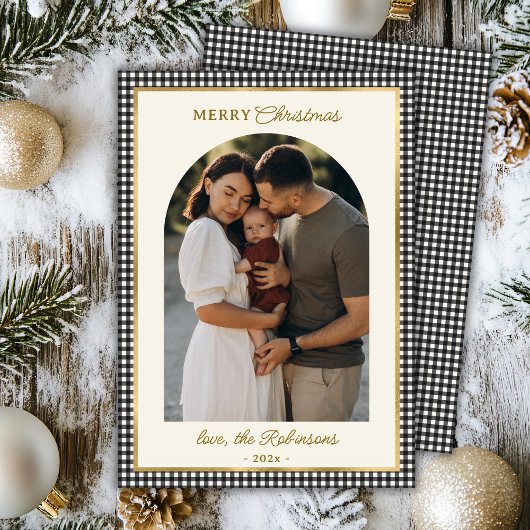 Retro Zwart Goud Geplaagd Boog Foto Vrolijk Kerstf Feestdagenkaart