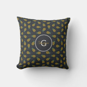 Retro zwart gouden ananas patronen monogram kussen