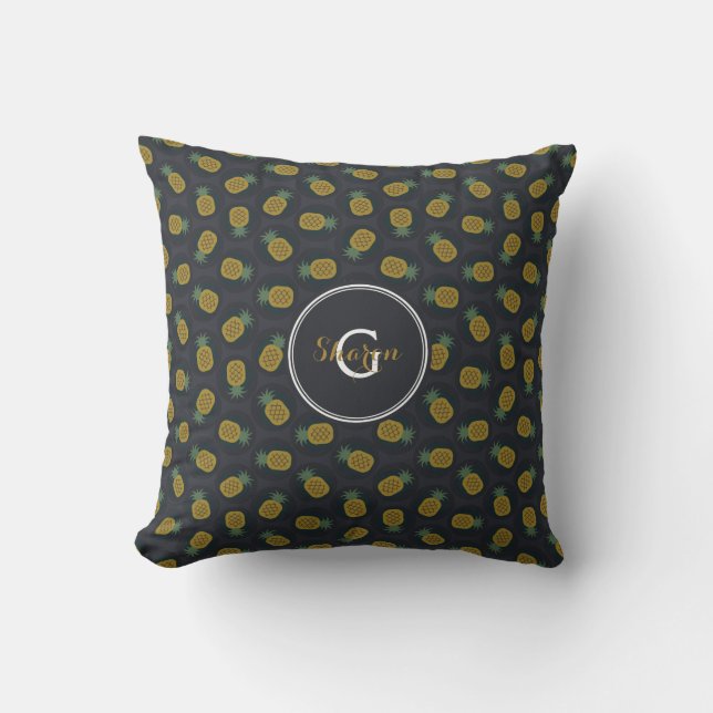 Retro zwart gouden ananas patronen monogram kussen (Voorkant)