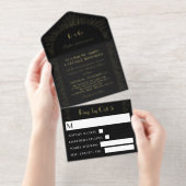 Retro Zwart Gouden Sunbursts Monogram Huwelijk All In One Uitnodiging (Uittrekbaar)