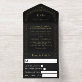 Retro Zwart Gouden Sunbursts Monogram Huwelijk All In One Uitnodiging (Binnenkant)