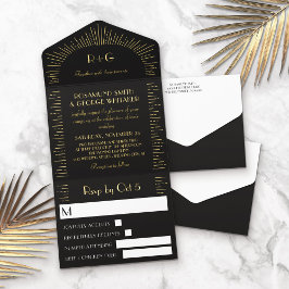 Retro Zwart Gouden Sunbursts Monogram Huwelijk All In One Uitnodiging