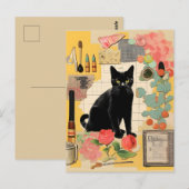 Retro Zwart Kat bloemen Collage Briefkaart (Voorkant / Achterkant)
