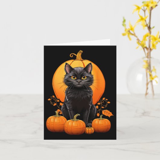 Retro Zwart Kat Halloween Pompoen Kostuum Voor Vro Kaart (Gele Bloem)