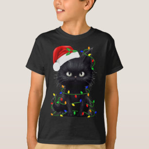 Retro Zwart Kat Kerst Licht Leuk Kat Mannen Vrouwe T-shirt