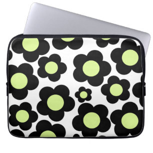 Retro Zwart & Neon Groene Bloemen Edgy Chic Spring Laptop Sleeve