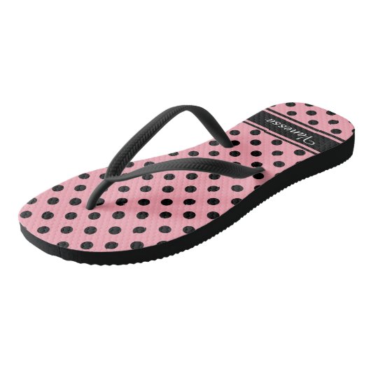 Retro Zwart Polka Dots Monogram Teenslippers (Schuin)