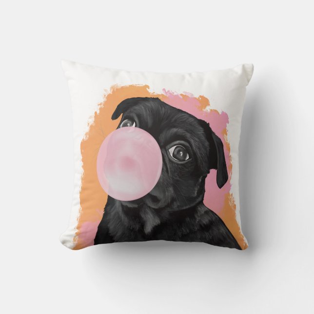 Retro Zwart Pug Roze Bubblegum Kussen (Voorkant)