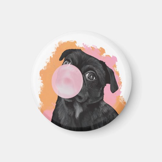 Retro Zwart Pug Roze Bubblegum Magneet (Voorkant)