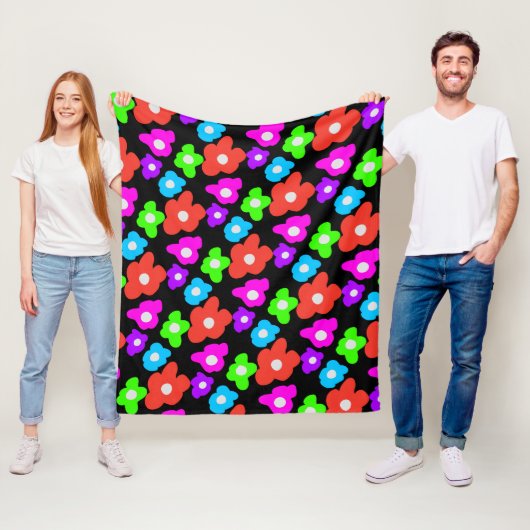 Retro Zwart Rainbow pride kleur Bloemen Patroon Fleece Deken (In situ)