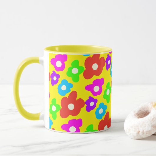 Retro Zwart Rainbow pride kleur Bloemen Patroon Mok (Met donut)