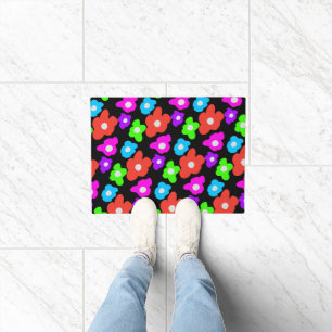 Retro Zwart Regenboog Kleurrijke Bloemen Patroon Deurmat