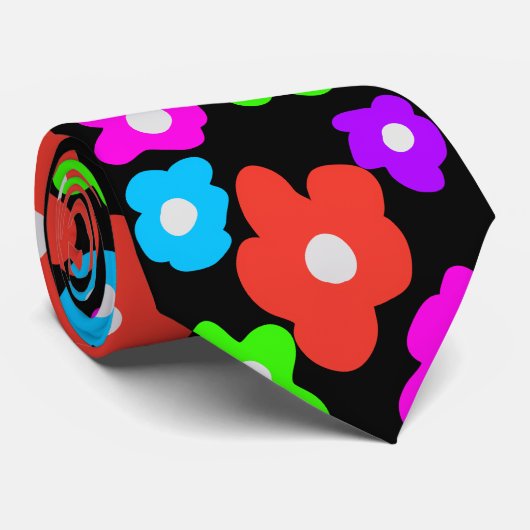 Retro Zwart Regenboog Kleurrijke Bloemen Patroon Stropdas (Opgerold)