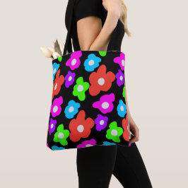 Retro Zwart Regenboog Kleurrijke Bloemen Patroon Tote Bag
