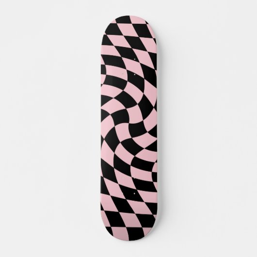 Retro Zwart Roze Checks Warped Checkered Persoonlijk Skateboard (Voorkant)