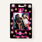 Retro Zwart & Roze Daisy Hen Party VIP Pass Badge (Voorkant)