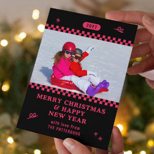 Retro Zwart Roze Persoonlijke Kerst Foto Feestdagenkaart