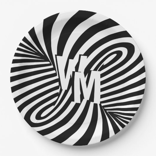Retro Zwart Wit Abstract Zebra Patroon Initialen Papieren Bordje (Voorkant)