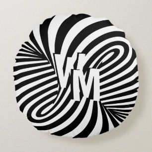 Retro Zwart Wit Abstract Zebra Patroon Initialen Rond Kussen