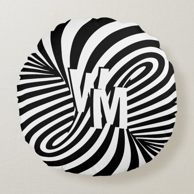 Retro Zwart Wit Abstract Zebra Patroon Initialen Rond Kussen (Voorkant)