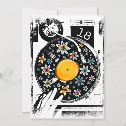 Retro Zwart Wit Bloemen Platenspeler Verjaardag Cu Kaart (Voorkant)