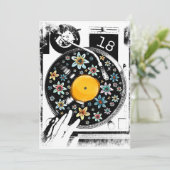 Retro Zwart Wit Bloemen Platenspeler Verjaardag Cu Kaart (Staand voorkant)