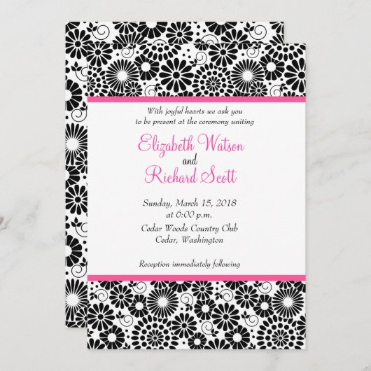 Retro zwart-wit bloemen trouwkaart kaart (Voorkant / Achterkant)