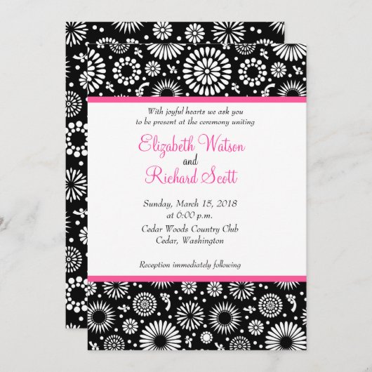 Retro zwart-wit bloemen trouwkaart kaart (Voorkant / Achterkant)
