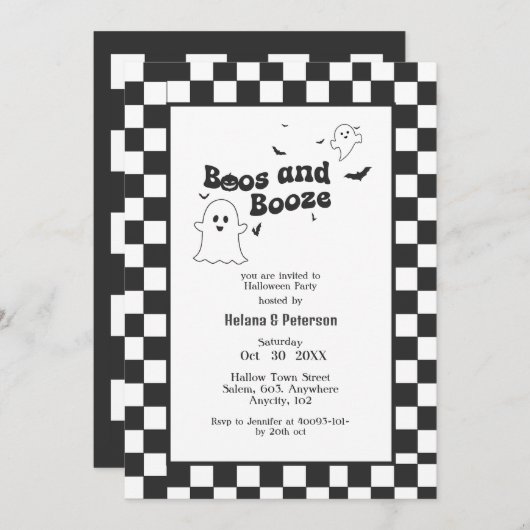 Retro zwart-wit Boos en Booze Halloween Party Kaart (Voorkant / Achterkant)