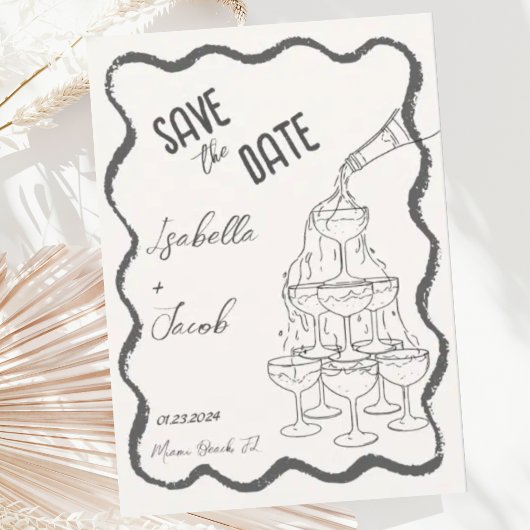 Retro Zwart & Wit Champagne Tower Save the Date Kaart