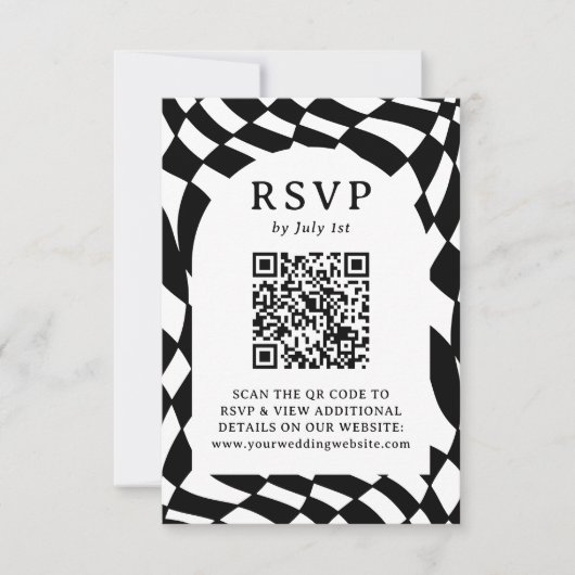 Retro Zwart-Wit Checkerboard QR Code Bruiloft RSVP Kaartje (Voorkant)