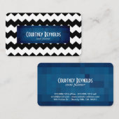 Retro Zwart-wit Chevron Blauw Geometrisch Visitekaartje (Voorkant / Achterkant)