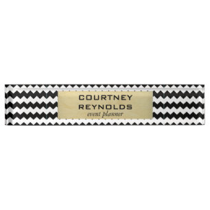 Retro Zwart Wit en Beige Chevron Patroon Naambordje
