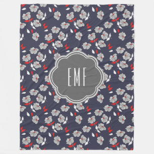 Retro  zwart, wit en rood Floral monogram Fleece Deken