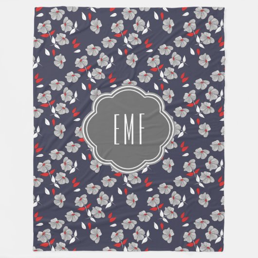 Retro  zwart, wit en rood Floral monogram Fleece Deken (Voorkant)