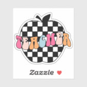 Retro Zwart & Wit Geruit Apple Teacher Vinyl Sticker (Vel)