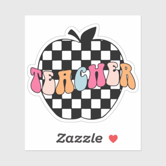 Retro Zwart & Wit Geruit Apple Teacher Vinyl Sticker (Vel)
