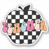 Retro Zwart & Wit Geruit Apple Teacher Vinyl Sticker (Voorkant)