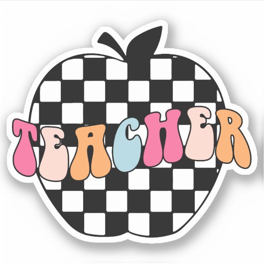 Retro Zwart & Wit Geruit Apple Teacher Vinyl Sticker (Voorkant)
