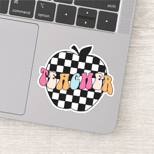 Retro Zwart & Wit Geruit Apple Teacher Vinyl Sticker